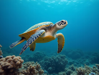 Obraz premium Adorable large sea turtle swimming in a vibrant coral reef against a blue background. Marine animal, underwater wildlife. Vulnerable or endangered species. Celebrating World Turtle Day.