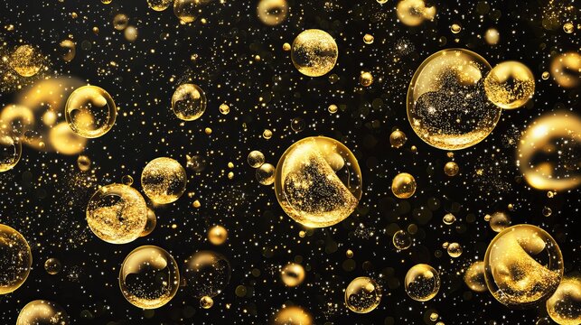 Golden effervescent bubbles, sparkling champagne, and fizzy pop. Abstract depiction of fresh soda with air bubbles, oxygen, and champagne crystals. Vector artwork on a transparent black background.