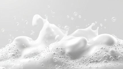 Soap foam with white bubbles floating, ideal for a bath or laundry poster template. A background showcasing shampoo or shower gel, featuring clean, bubbling, shiny detergent for hygiene purposes.