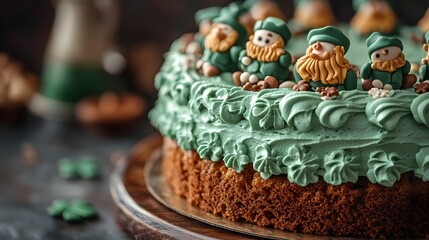 A close-up of a decorated Saint Patricks Day cake with green icing, shamrocks, and leprechauns