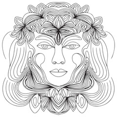 Beautiful fashion women, girl with abstract long hair. Hand drawn face. Zen doodle art, tattoo design, black and white illustration. Freehand sketch drawing for adult anti stress coloring book page