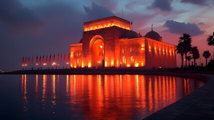 A historic monument in Tunisia adorned with flags and lights for Independence Day celebrations