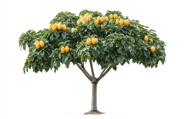 Fototapeta premium A tropical papaya tree with its tall, slender trunk and ripened yellow fruits on a white background