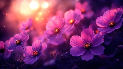 Pink cosmos flowers blooming in meadow at sunset with bokeh.