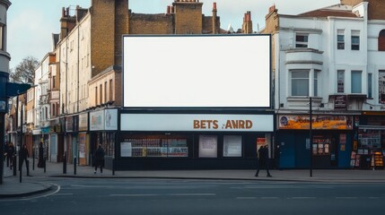 a white billboard on a uk high street with a betting shop in the foreground with a large sign 