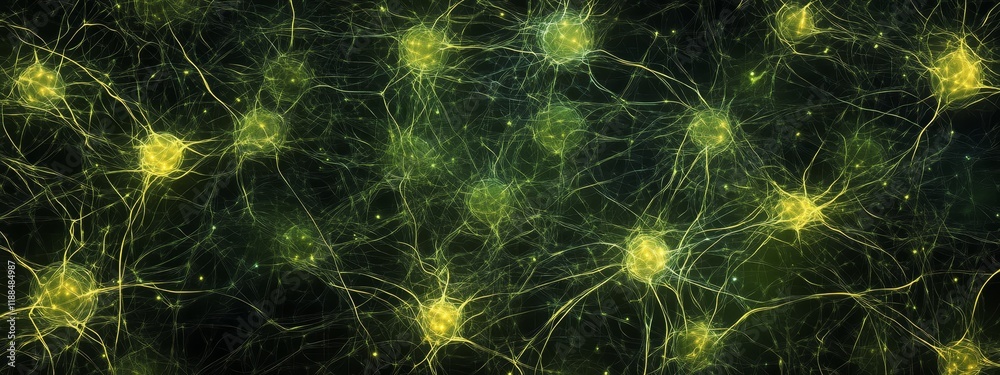 Poster Microscopic view of neural network, glowing neurons and axons.