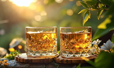 Two glasses of amber liquid with ice, backlit by golden sunlight in a garden setting. - Powered by Adobe