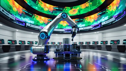 Robotic Arm Assembling High-Tech Gadget in Advanced Lab with Digital Interfaces
