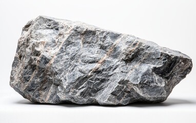 A rough granite rock with intricate patterns and sharp angles on a pristine white canvas