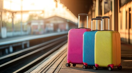 Vibrant luggage on a train platform symbolizes journeys and dreams