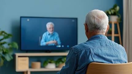 Virtual family reunion home video call comfortable living room rear view connection and loneliness