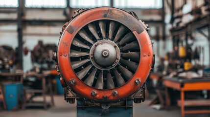 Inspecting industrial aircraft engine aviation workshop mechanical equipment indoor space close-up view engineering concepts