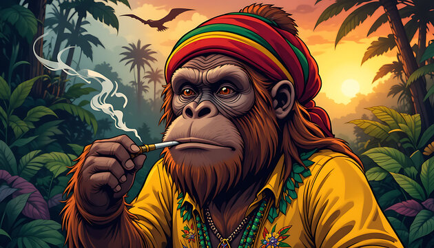 Chimpanzee smoking in a vibrant jungle setting