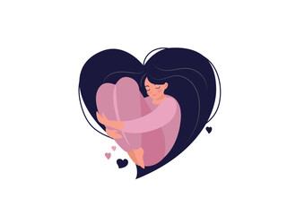 cute girl heart long hair self care love yourself body positive concept happy woman hugs llustration international women's day vector postcard valentines card