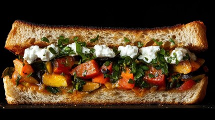 Grilled vegetable and feta cheese sandwich on toasted bread.