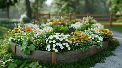 Naklejka premium Vibrant Spring Flower Garden in Wooden Planter Box Outdoor Floral Arrangement