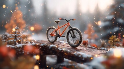 Winter Mountain Bike Scene Snowy Forest Trail Bicycle on Log Bridge Festive Lights