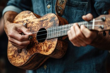 Fototapeta premium Musician playing vintage ukulele with burl wood texture