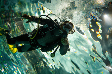 A diver exploring underwater, showcasing the thrill of scuba diving amidst bubbles and aquatic life, ideal for adventure themes