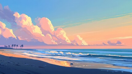 gentle ocean breeze, beach sunset artwork, pastel coastal scenery, pastel beach, soft pastel colors, serene coastal landscape, beach landscape, coastal colors, painterly beach view, colorful cloudscap