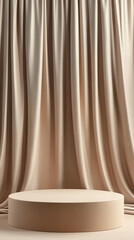 Mocha-Themed Round Podium with Elegant Curtain Backdrop
