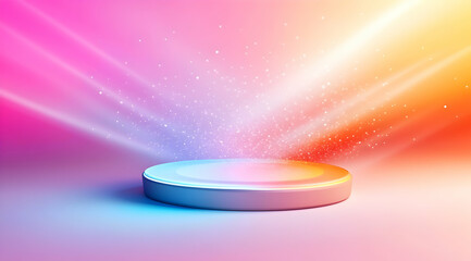 3D rendering of a podium with a holographic light ring and geometric shapes on a pastel background for product presentation