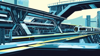 architectural design elements, city transportation infrastructure, innovative architectural solutions, futuristic train architecture, urban transportation system, cityscape transportation network