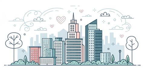 Obraz premium cute office building with city scape, doodle art illustration background