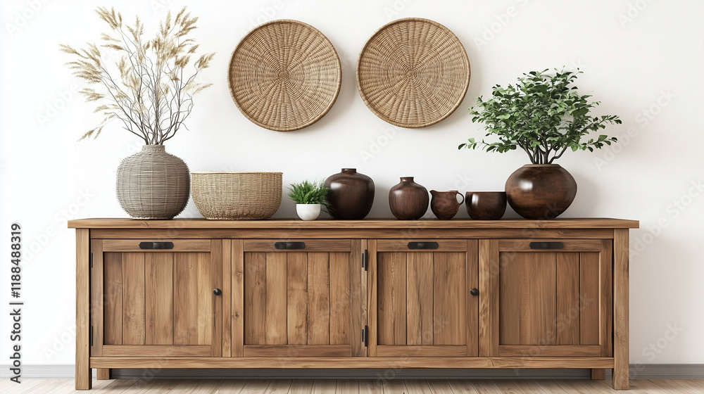 Aufkleber rustic wooden sideboard in japandi-style home decor with a round frame and vases of plants on the ca