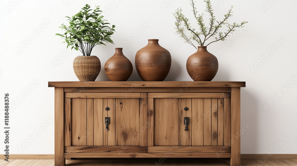 Aufkleber rustic wooden sideboard in japandi-style home decor with a round frame and vases of plants on the ca