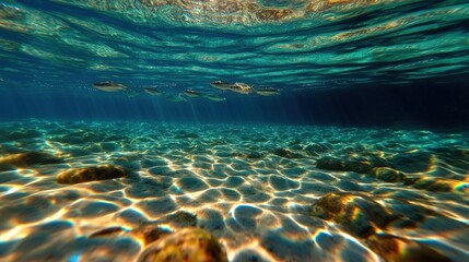 Underwater Serenity: A school of fish gracefully swims above a sun-drenched seabed, creating a breathtaking scene of tranquil beauty.
