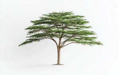 A tall cedar tree with layered green branches standing against a bright white backdrop