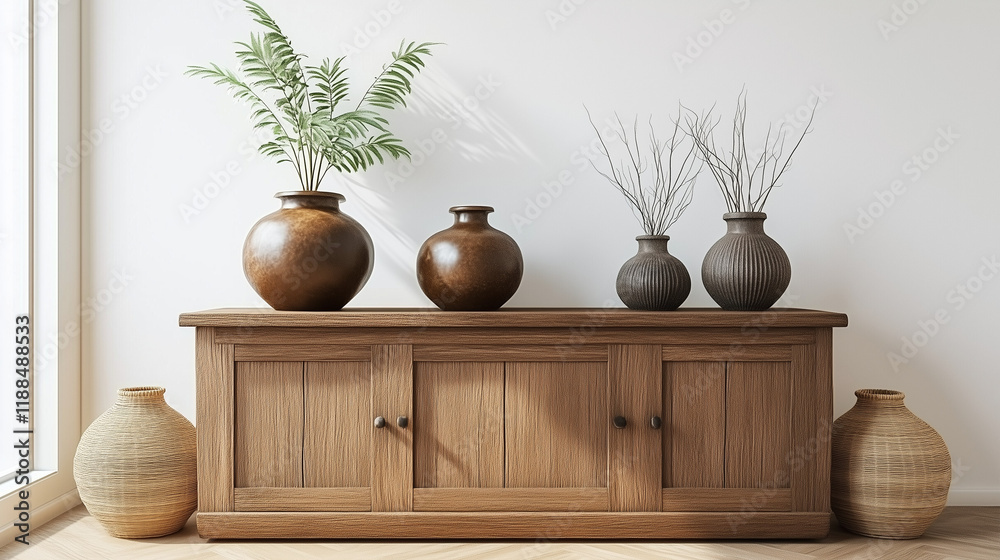 Aufkleber rustic wooden sideboard in japandi-style home decor with a round frame and vases of plants on the ca
