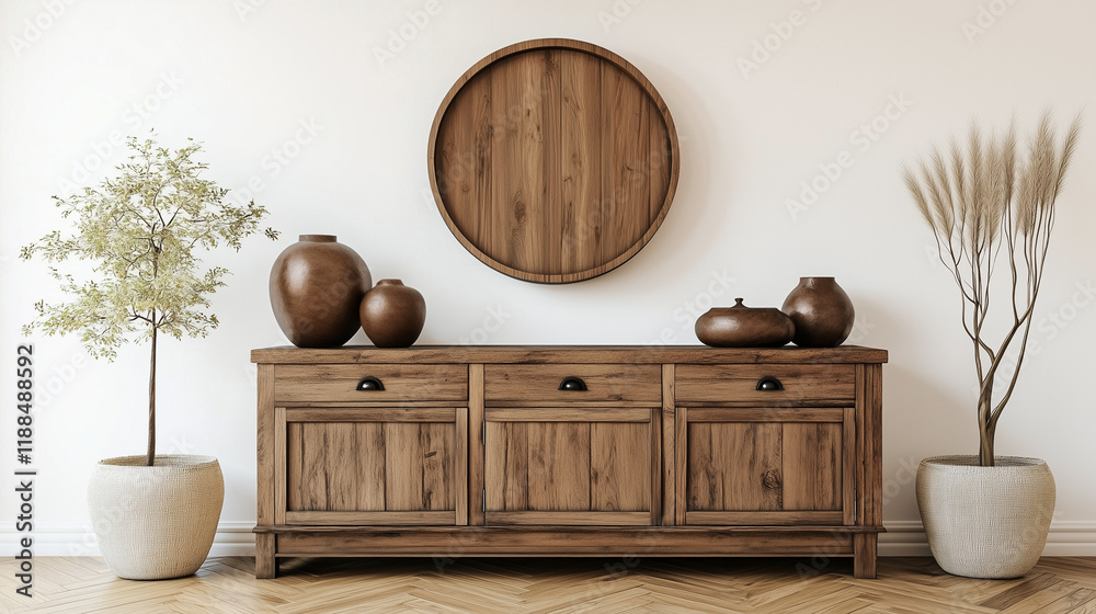 Aufkleber rustic wooden sideboard in japandi-style home decor with a round frame and vases of plants on the ca