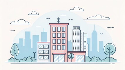 Obraz premium cute office building with city scape, doodle art illustration background