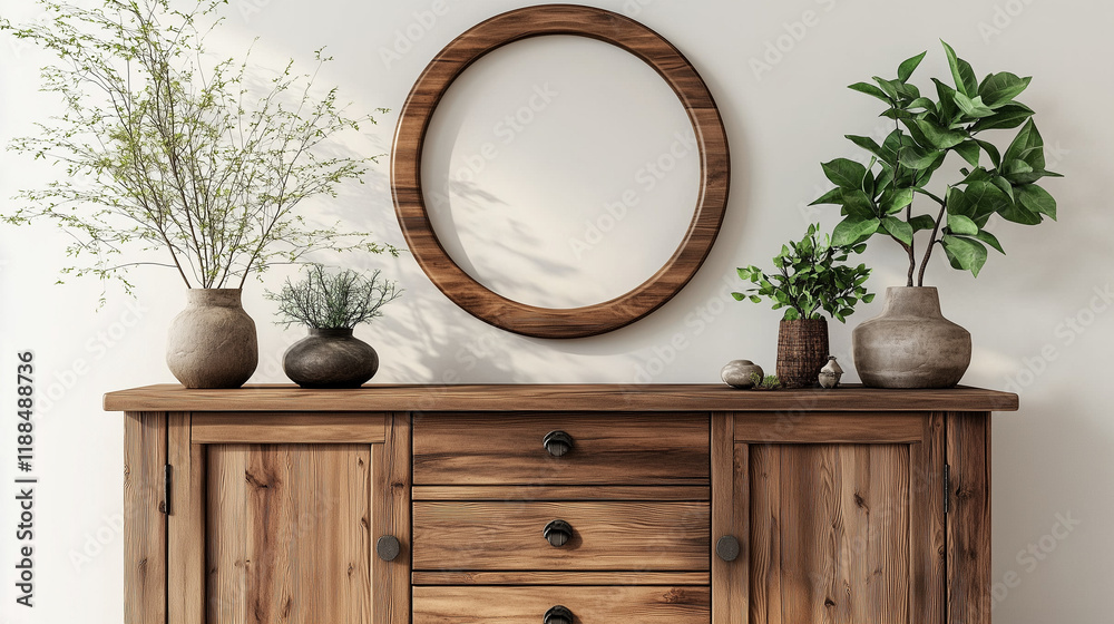 Aufkleber rustic wooden sideboard in japandi-style home decor with a round frame and vases of plants on the ca