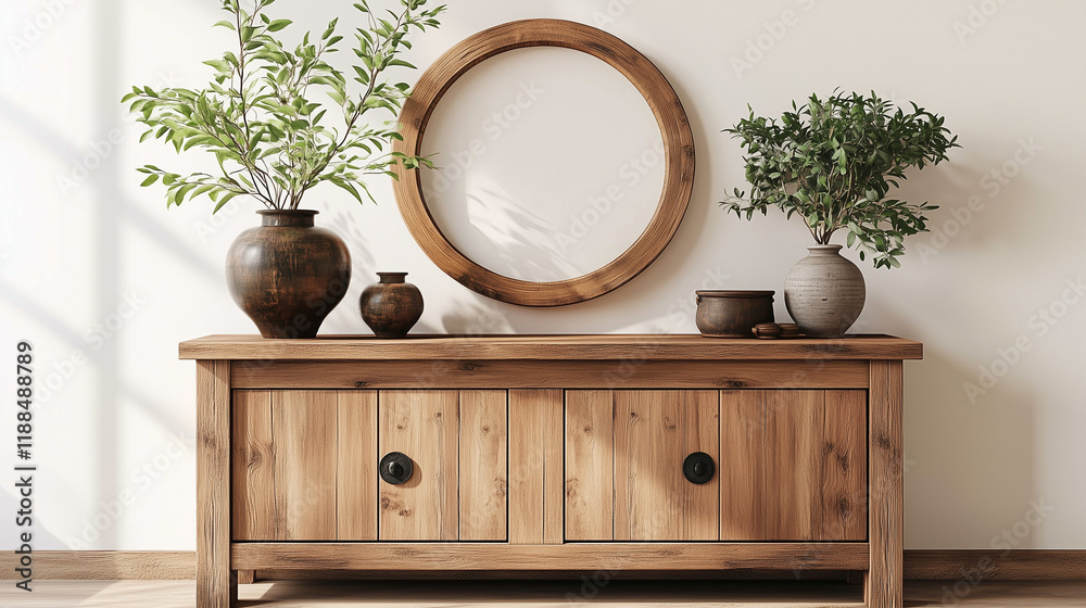 Aufkleber rustic wooden sideboard in japandi-style home decor with a round frame and vases of plants on the ca