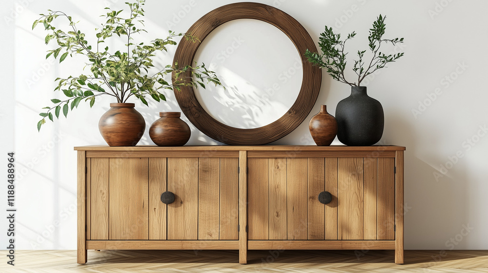Aufkleber rustic wooden sideboard in japandi-style home decor with a round frame and vases of plants on the ca