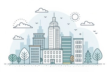 Obraz premium cute office building with city scape, doodle art illustration background