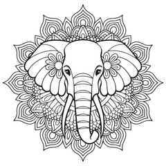 Elephant head and lotus flower hand drawn for adult coloring book