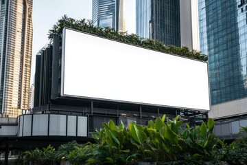 Obraz premium Blank advertising vertical banner poster mockup on modern tall building facade exterior.