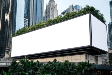 Obraz premium Blank advertising vertical banner poster mockup on modern tall building facade exterior.