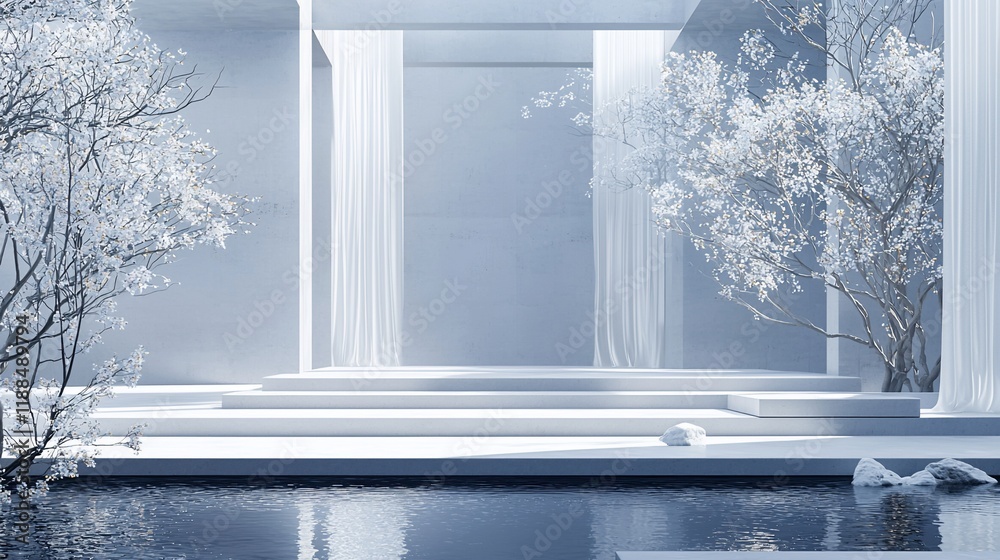 Poster Minimalist white architecture with serene water feature and blossoming trees.