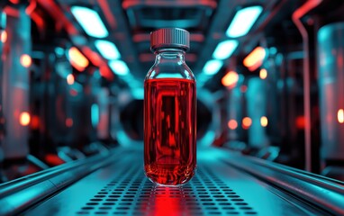 A glowing red vial of toxic liquid in a futuristic containment unit with alarm lights flashing