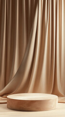 Mocha-Themed Round Podium with Elegant Curtain Backdrop
