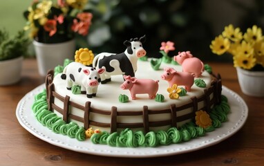 Obraz premium A farm-themed 3D cake with edible animals like cows, pigs, and a barnyard design on a clean white plate