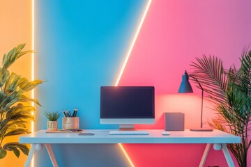 Modern desk setup with neon lights and plants creating a vibrant workspace