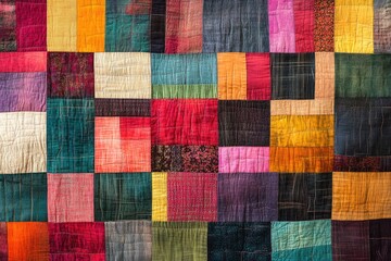 Colorful patchwork quilt forming a textured background with visible stitches