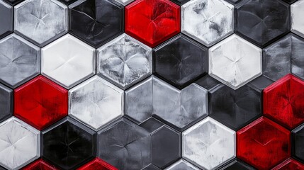The hexagonal pattern in shades of grey, black, and red 