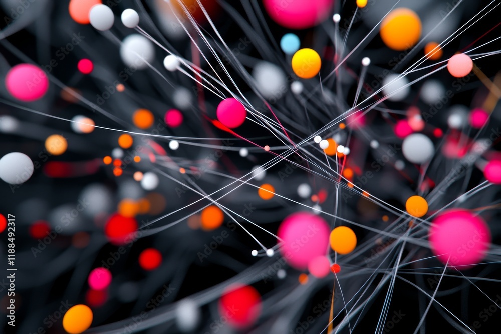 Poster colorful abstract network of lines and circles in a dynamic digital space